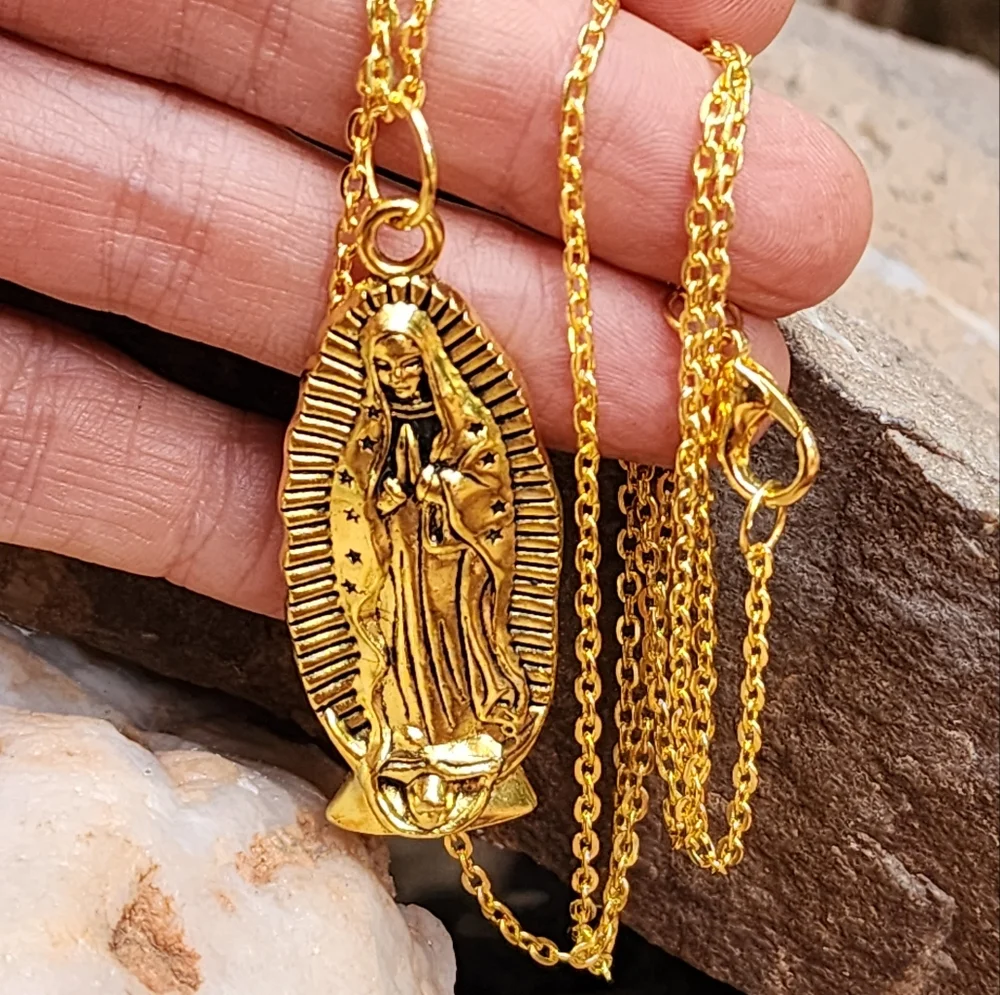 Large Our Lady of Guadalupe' Gold Medallion Long Chain Magnolia Rose